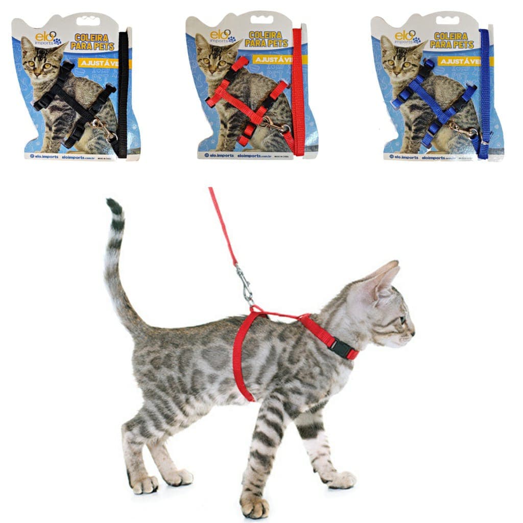 Coleira Peitoral Nylon De Gatos Pet Ajustável E Guia - cores lisa.