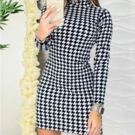 Vestido manga longa pied poule gola alta canelado curto feminino