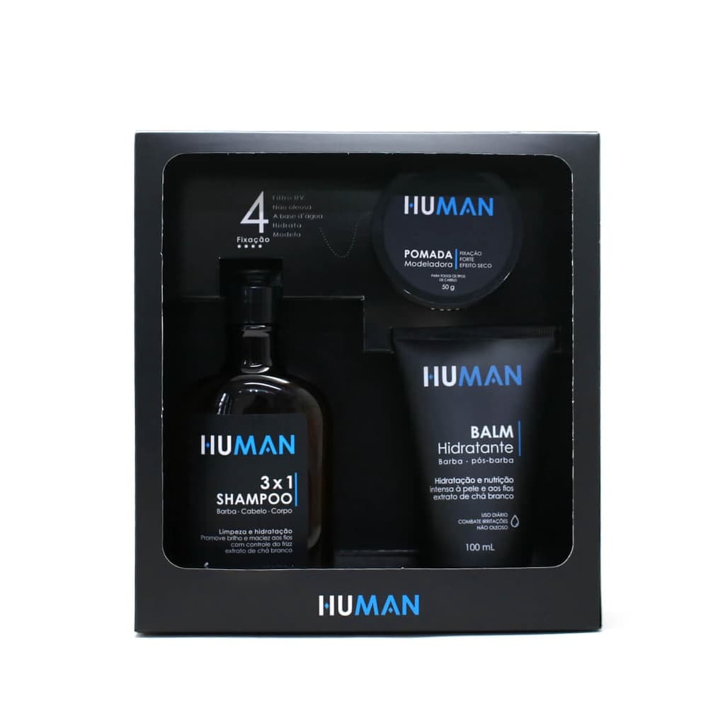 Kit para Cabelo Human - Shampoo 3 em 1 + Balm Hidratante + Pomada Modeladora