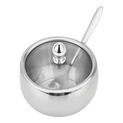 Açucareiro De Luxo Aço Inox Com Tampa Vidro E Colher 12Cm