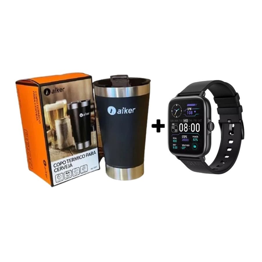 Kit Copo Térmico Aiker com Tampa e Abridor de Garrafa 473ml - Original + Smartwatch Plus Modelo 2021 Resistente Água O.R.I.G.I.N.A.L