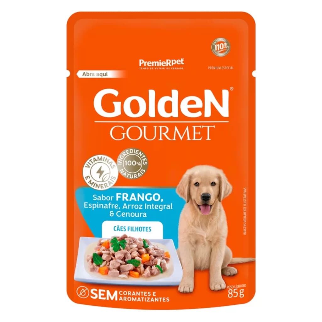 Premier Golden Gourmet Cães Filhotes Frango Arroz Int Sachê