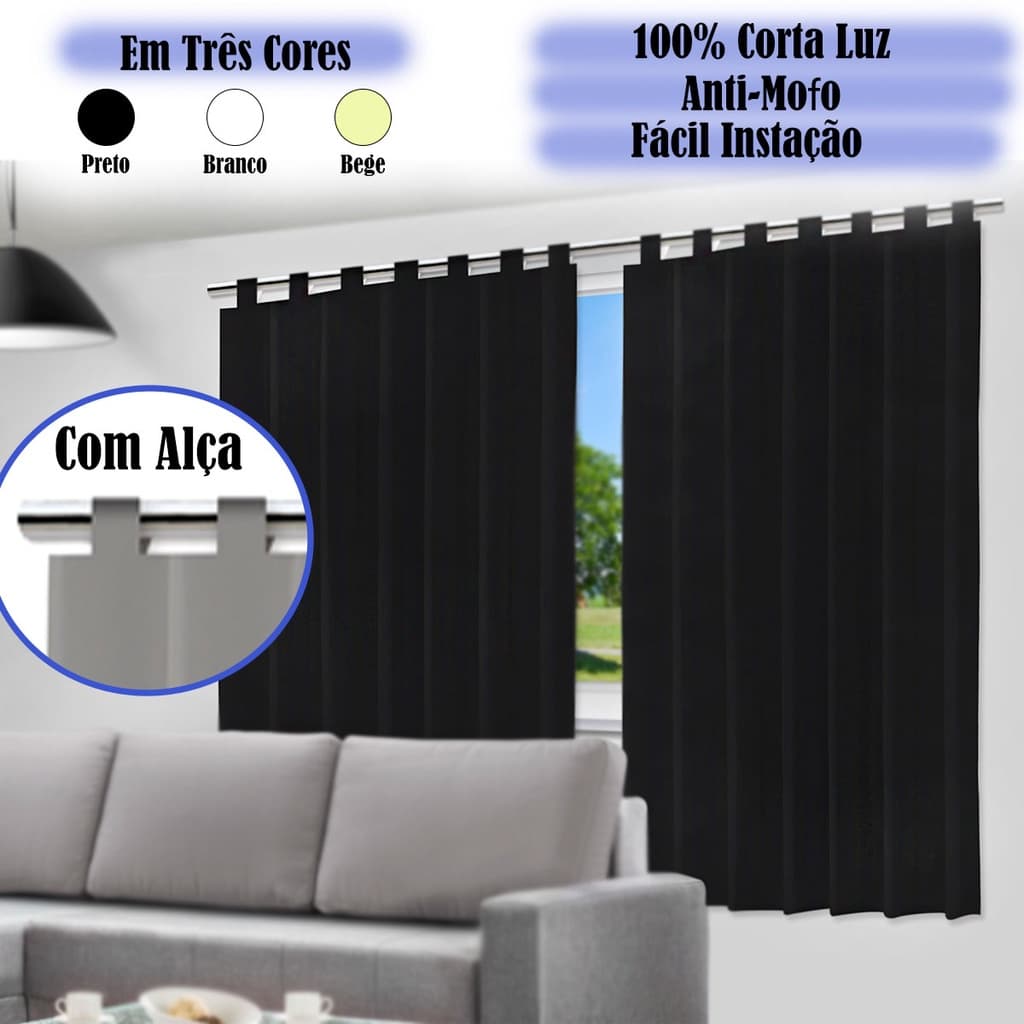 Cortina 100% Blecaute 2,00m x 1,40m Corta Luz Com Alça P/ S/ Voil Quarto Cozinha Decoração Sala