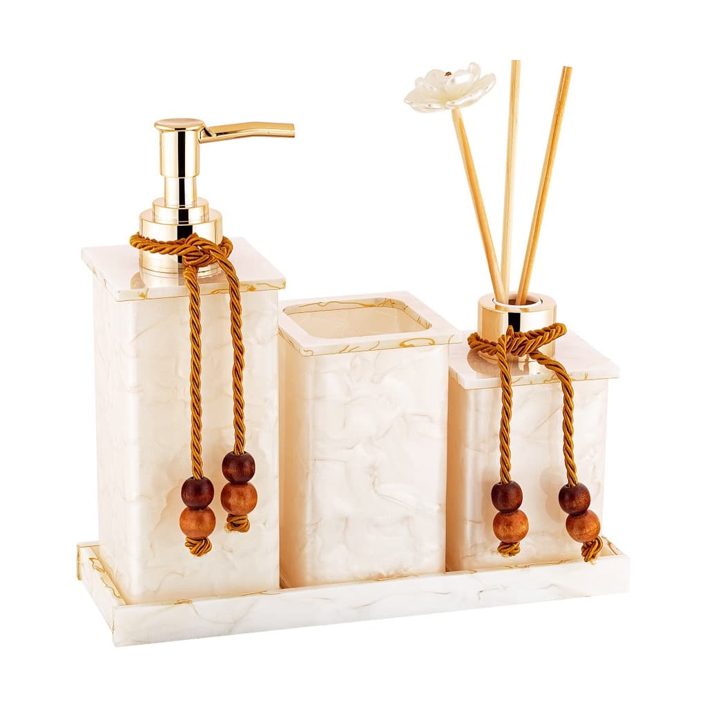 Kit Saboneteira / Jogo Lavabo / Kit Banheiro Em Acrílico Mármore 04 Itens (Saboneteira / Pote Multiuso / Difusor / Bandeja) - Acribom