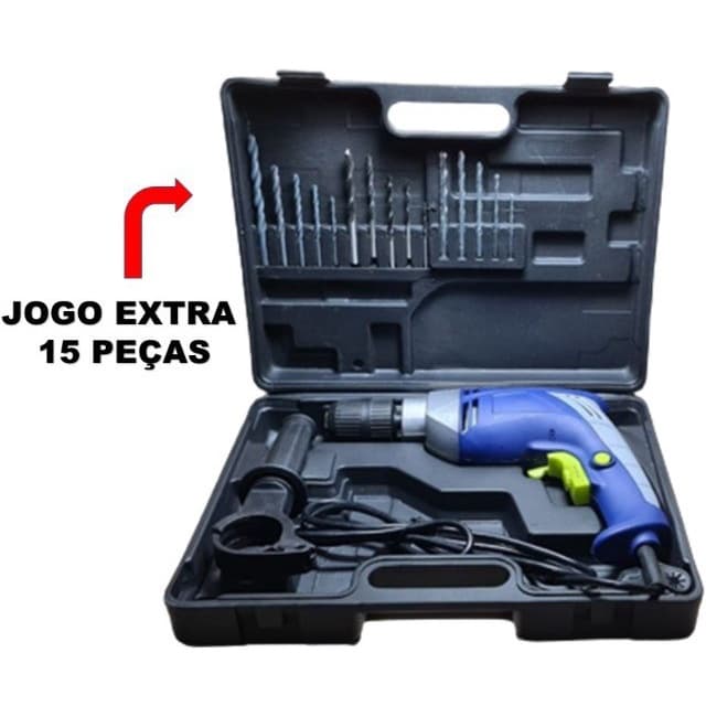 Furadeira e Parafusdeira Elétrica de Impacto Reversível de 810W + 15 brocas e Maleta inclusa