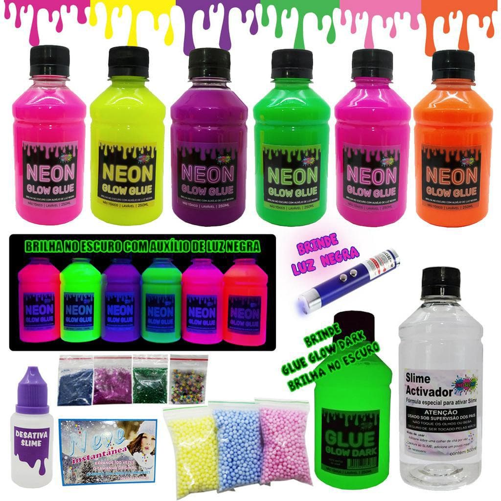 Kit Para Fazer Slime Com Colas Neon E Luz Negra Lançamento Ine Slime