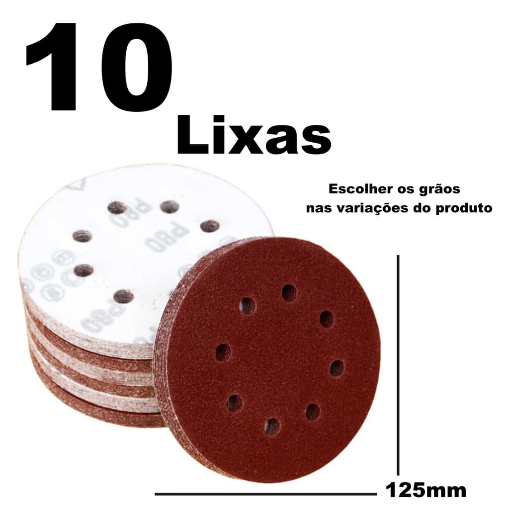 kit 10 Discos de Lixa 125mm (5") 8 Furos com Pluma P/ Rokit Politriz Lixadeira Diversos Grãos