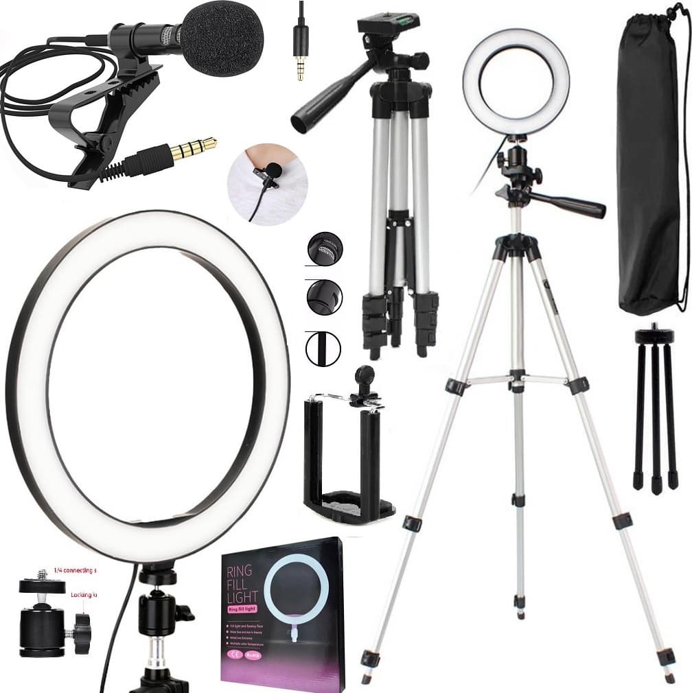 Kit Gravação de Vídeo Profissional Ring Light Tripé Acessórios Para Celular Universal A