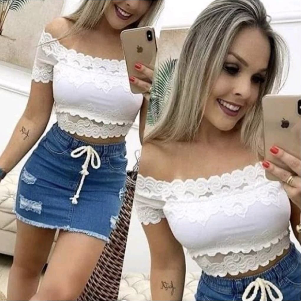 Croped ciganinha ombro a ombro blusinha renda Tendência