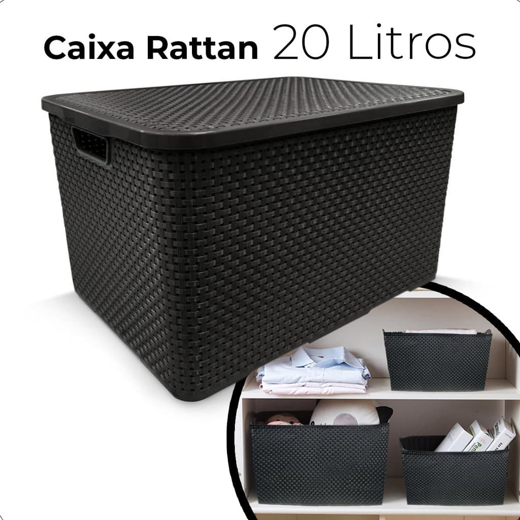 Caixa Organizadora Rattan Preta 20 Litros TAMANHO: 29,5X42X20 CM