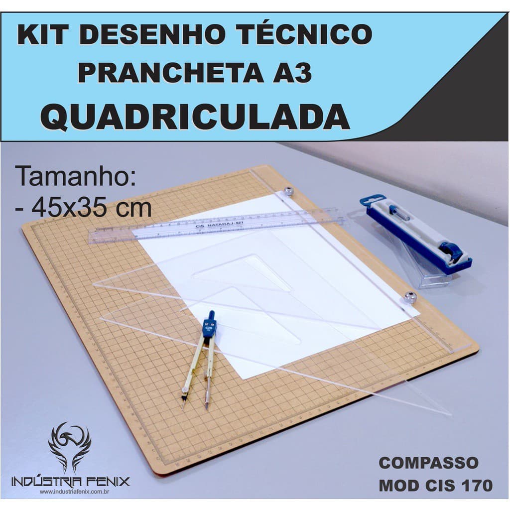 Kit Desenho Técnico Prancheta Engenharia Arquitetura a3 QUADRICULADA Esquadros 32 cm Compasso Cis 170 Regua 30 CM FENIX