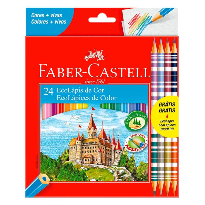 Lápis De Cor Faber Castell 24 Cores + 4 Cores Bicolor Ecolapis Resistente Imperdivel