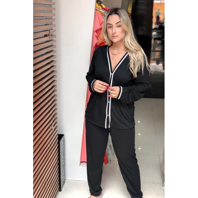 Pijama De Frio Blogueirinha de Botão estampado Pijama Inverno cirurgico amamentação