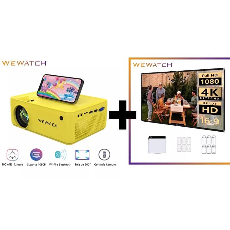 Projetor Wewatch V10 amarelo Edição Brasil + Tela para Projeção de 100 Polegadas 8500 lumens nativo 720 Suporta 1080p full Hd