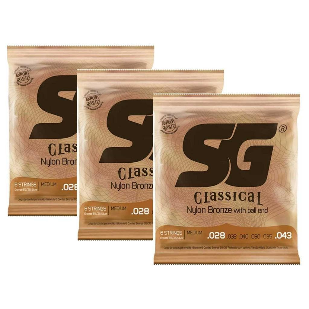 Kit com 3 Encordoamentos para Violão Nylon SG Strings Tensão Média com Bolinha