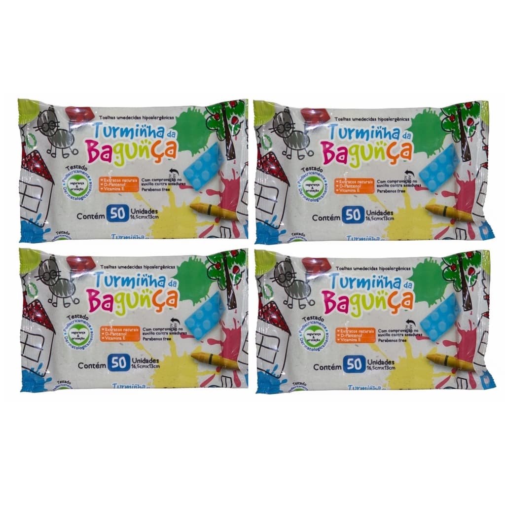 Kit com 4 - Lenços Umedecidos Turminha da Bagunça Toalhas Umedecidas 50 Unidades Cada o legitimo