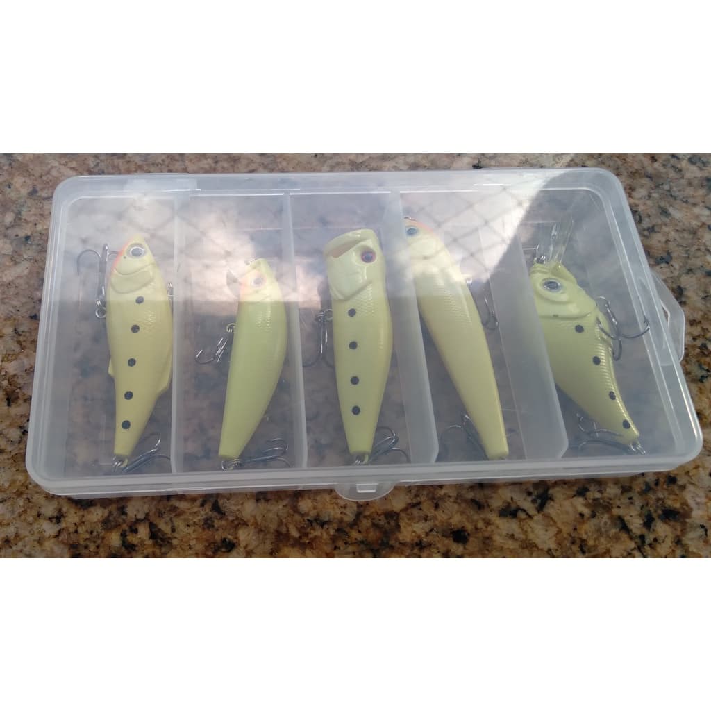 Kit Com Estojo e 5 Iscas Artificiais pesca de Traíras, Tucunarés,Robalos, Saicangas,Cachorras (ETL)