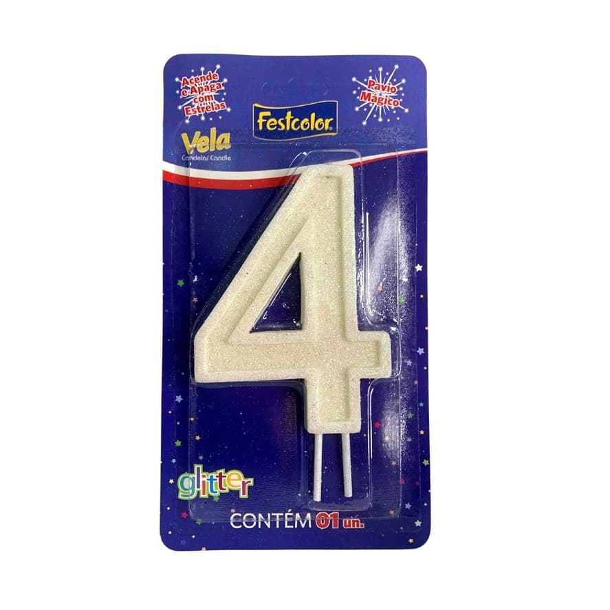 Vela Grande 15cm De Aniversário Número 4 Glitter Branco Festcolor - 1 Unidade
