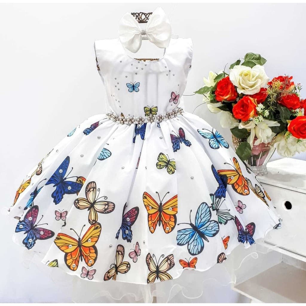 Vestido Infantil Aniversário Igreja Branco Floristas  Borboletas Com Tiara.