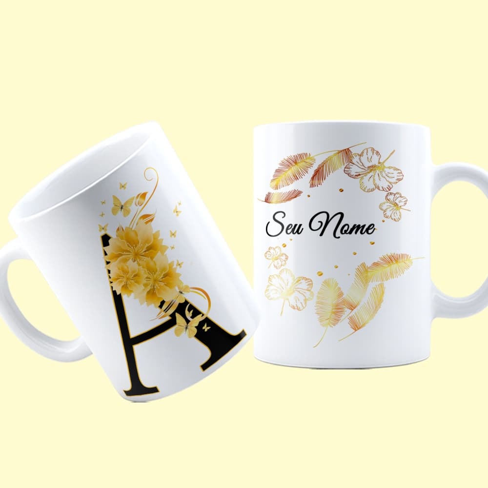 Caneca com Letra e Nome Dourada, Caneca Alfabeto de A a Z, Porcelana 325 ML