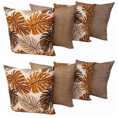 KIT 8 CAPAS ALMOFADAS 45 X 45 CM 4 ESTAMPADAS COSTELA DE ADÃO MOSTARDA E 4 LISAS MARROM  COM ZÍPER