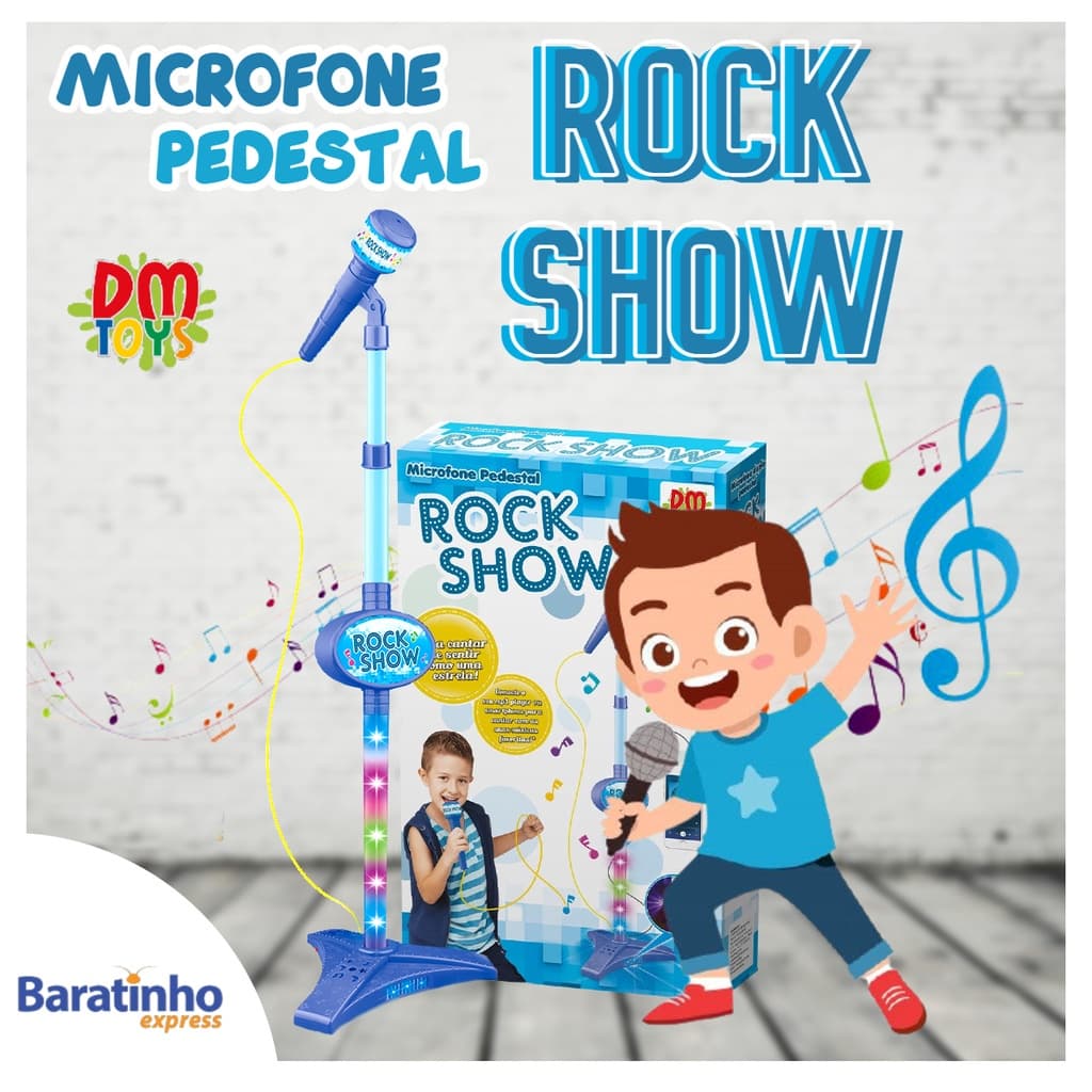 Microfone Infantil C/ Pedestal Azul Som Luz Conecta Celular
