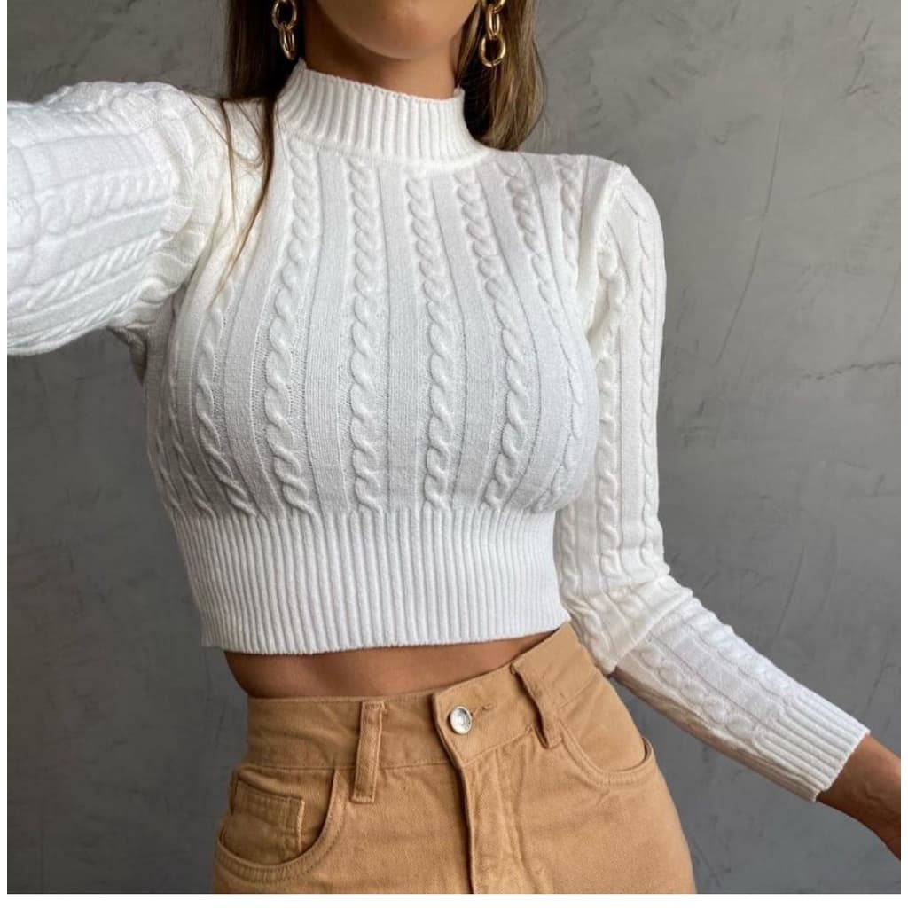 Blusa Cropped Trança Manga Longa Tricot Tricô Modal
