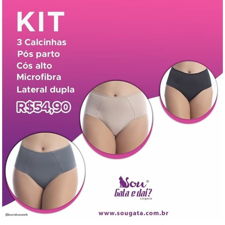 Kit c/ 3 Calcinha Pós Parto Calcinhas Cós Alto Microfibra Lateral Dupla - AHAM