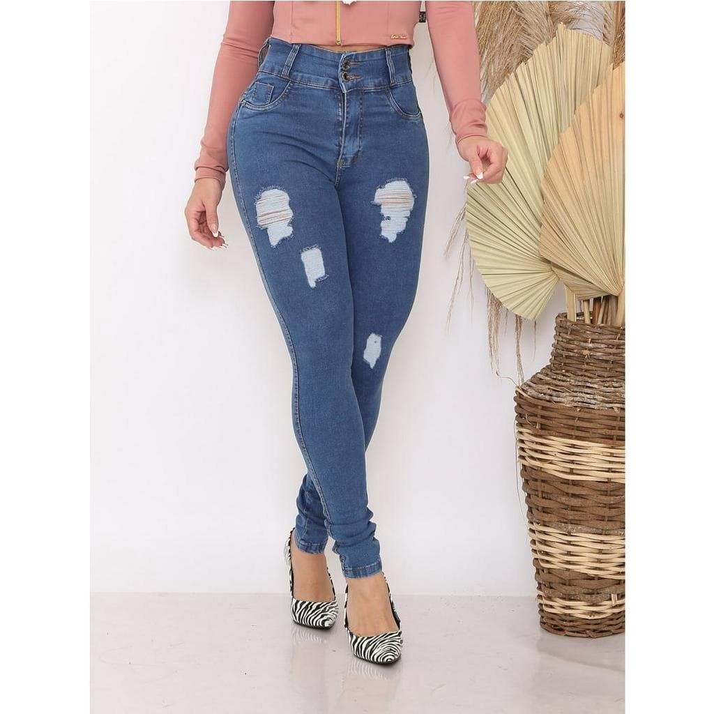 CALÇA JEANS PREMIUM 2 BOTÃO RASGO A LASER LEVANTA BUMBUM COS ALTO LAYCRA