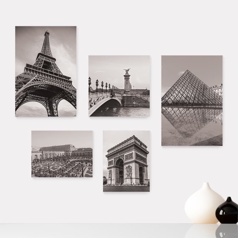 Kit 5 Quadros Decorativos Placas - França - Cidades - Torre Eiffel Arco do Triunfo Louvre - Pontos Turísticos - Preto e Branco Casa Quarto Sala - 278ktpl5