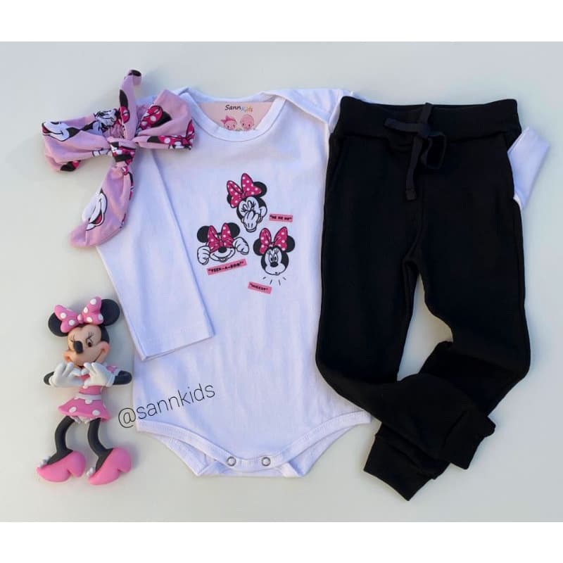BODY MANGA LONGA + CALÇA RIBANA CANELADA + TURBANTE MINNIE