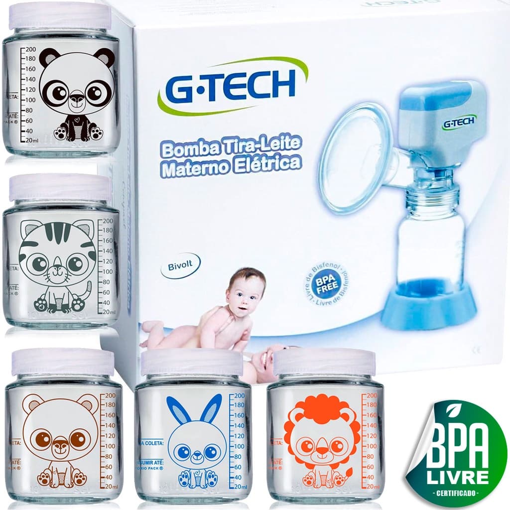 Bomba Tira Leite Elétrica + 5 Potes Armazenar Leite Materno