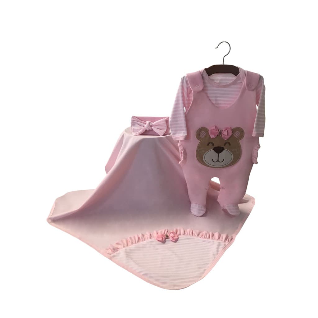 Saida de Maternidade Menina Urso Rosa Luxo Macacão Jardineira Premium