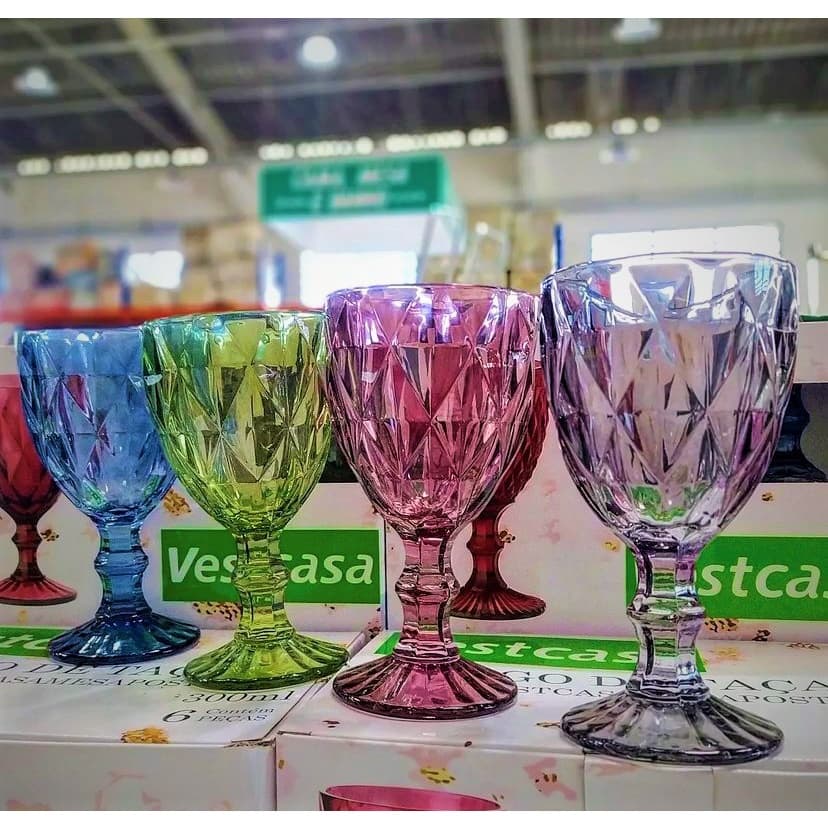 Jogo de 6 Taças em Vidro Diamond Diamante - Escolher COR - Luxuosa