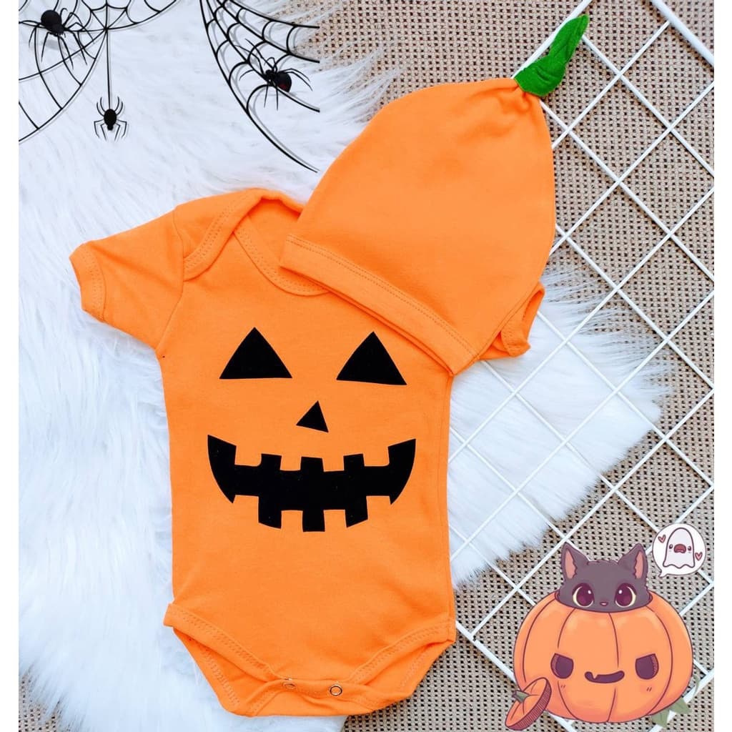 Body Temático Bebê Mêsversário Infantil Halloween Abobora Touca