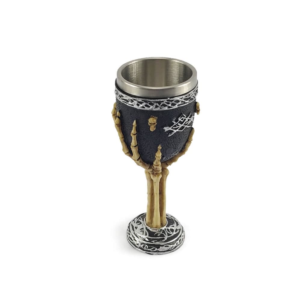 Taça Cálice Em Aço Inox e Resina Crânio Medieval Mão Esqueleto Osso Rock Colecionável Decorativo Coquetel Cerveja