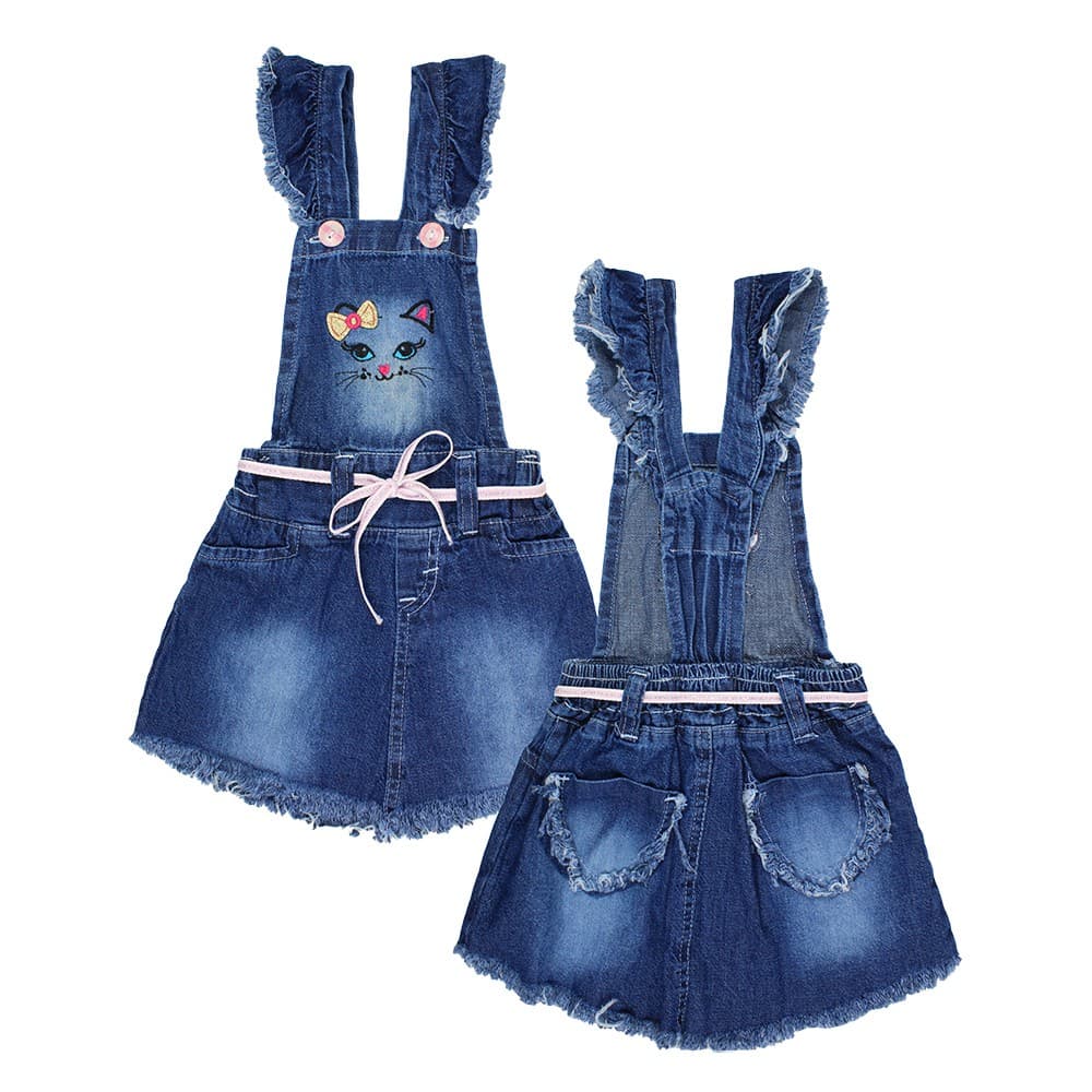 Jardineira feminina infantil menina jeans saia e suspensório