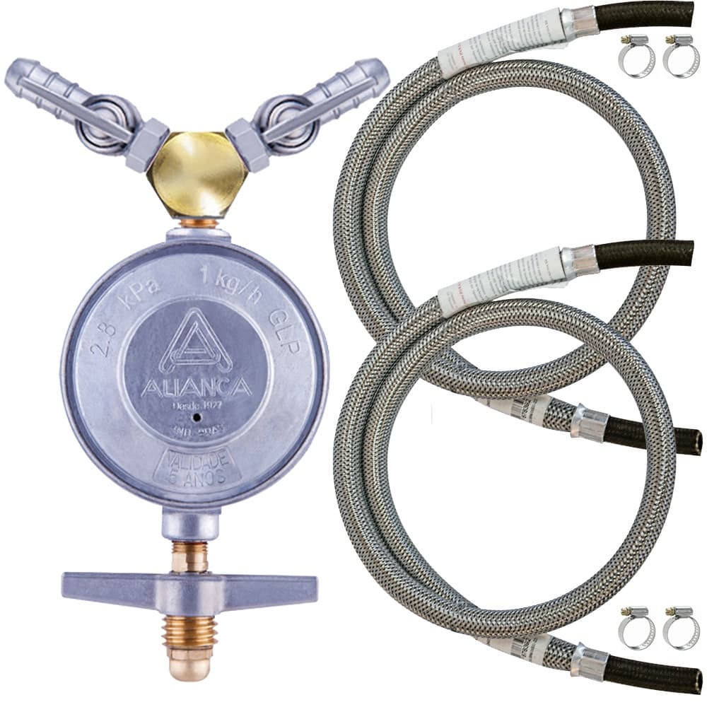Regulador De Gás Duplo Aliança 1kg/h + 2 Mangueiras Malha Aço **