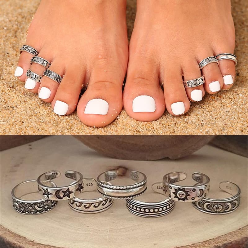 7 Pcs Vintage Oco Esculpido Estrela Lua Toe Anéis Bohemian Ajustável Anel Aberto Para Mulheres Boho Praia Pé Jóias