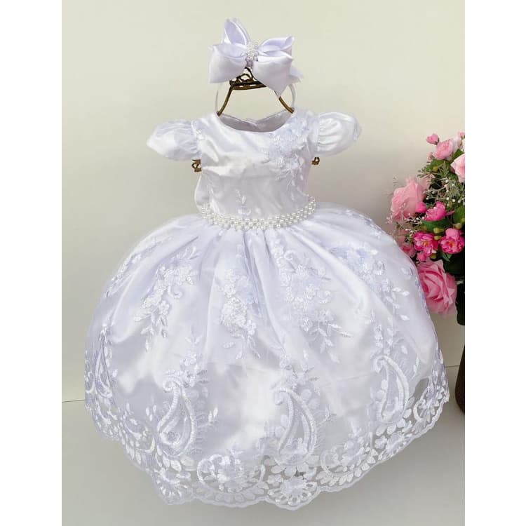 Vestido Bebê e Infantil Branco para Batizado Daminha Festas Luxo Vestido Batizado Infantil Renda Luxo