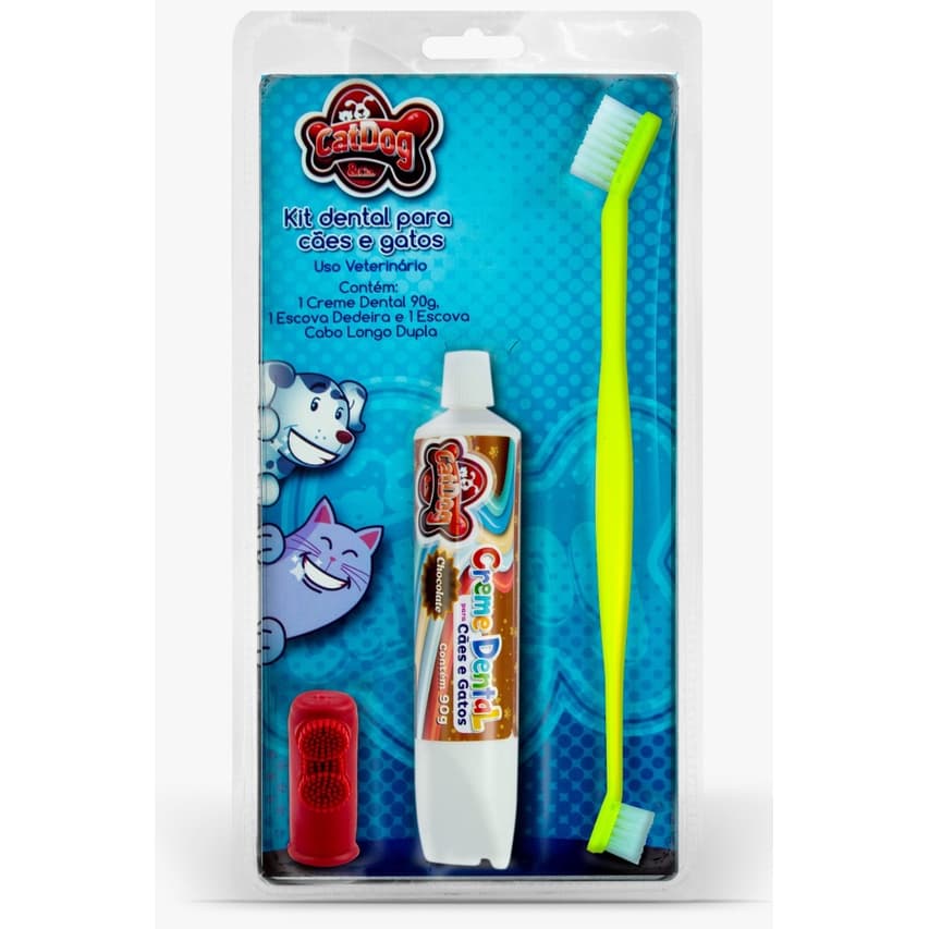 Kit Creme Dental 90g mais Escova Longa e Dedeira para Cães Vários Sabores