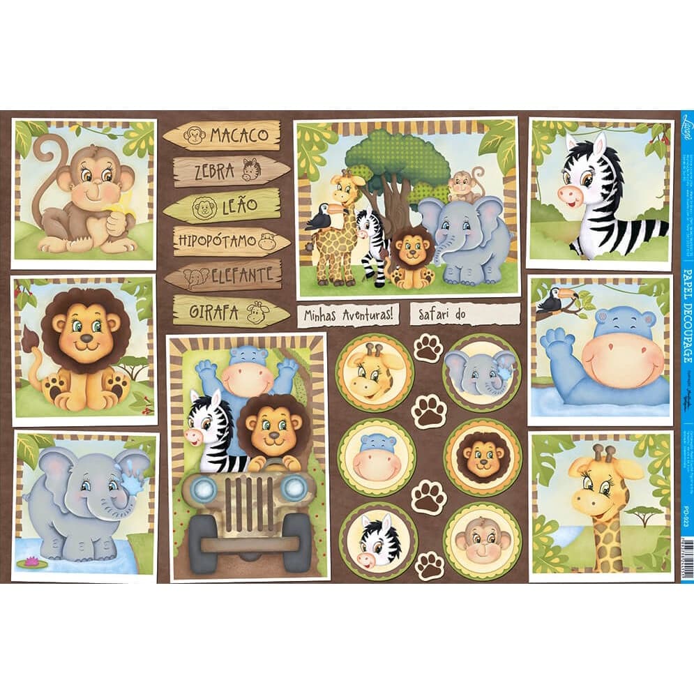 Papel de Decoupage Grande 34,3x49 Safari PD 923-Litoarte decoração pra consultório escolinha quarto menino