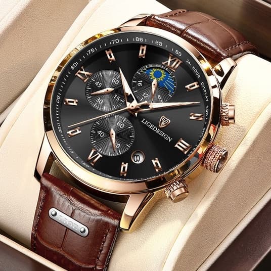 LIGE Relógio masculino original de luxo moda couro cronógrafo relógio de quartzo à prova d'água