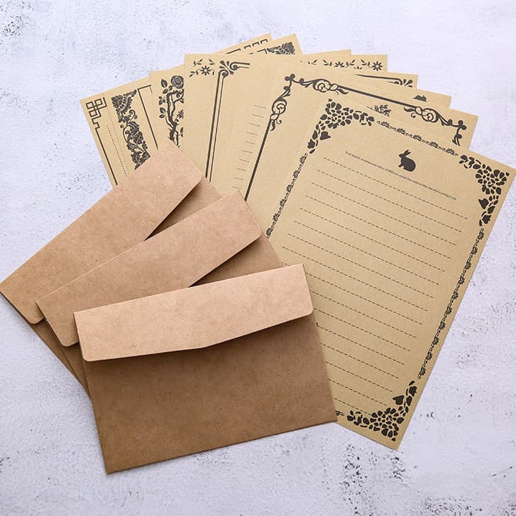 8 Pçs Conjunto De Papel Branco Com Arte Retrô/Envelope Kraft