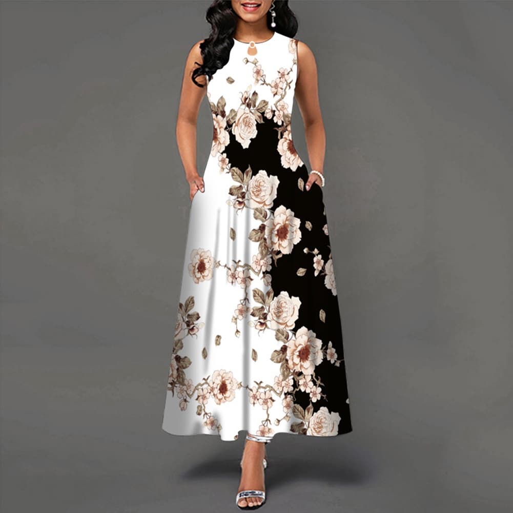 Vestido Longo Sem Mangas Feminino Estampado Grande Corte Boêmio Retro Confortável