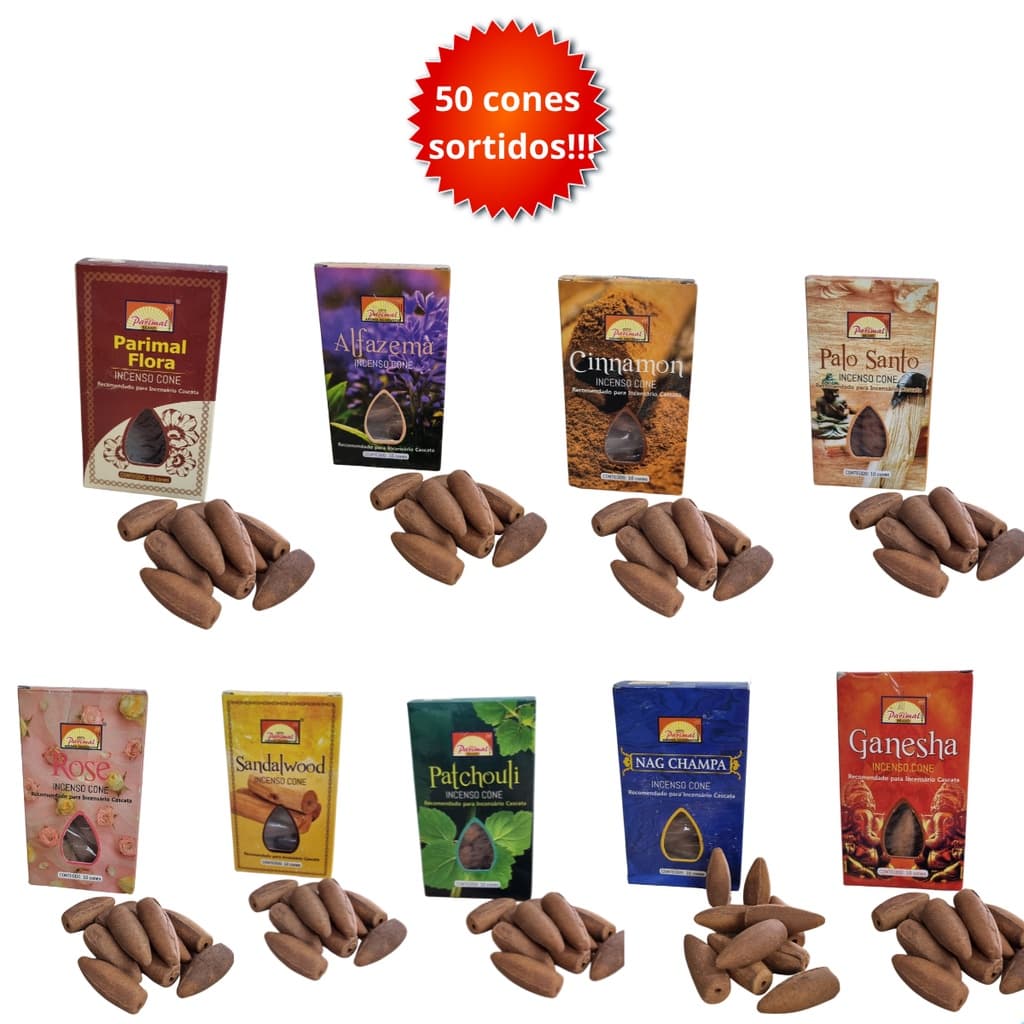 Kit 5 caixas incensos cone Parimal cascata 50 cones sortidos