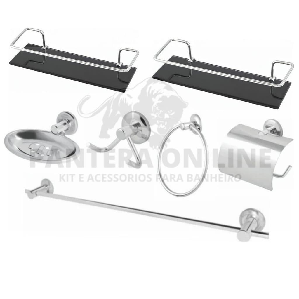 Kit Para Banheiro 05 Peças Aço Inox + 2 Porta Shampoo Prateleira com Grade e Vidro(6mm) Reto fumê