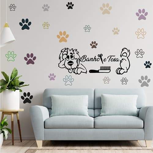 Adesivo de Parede Pet Shop Cachorro 50un Patas Patinhas Colorido Banho e Tosa