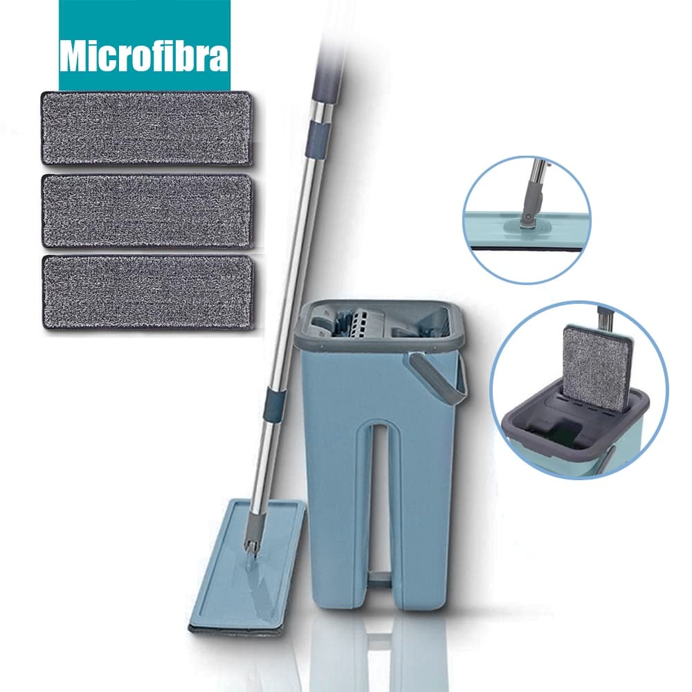 Mop Flat Tira Pó Esfregão Com Balde Lava E Seca Mopwash + Refil Extra Microfibra