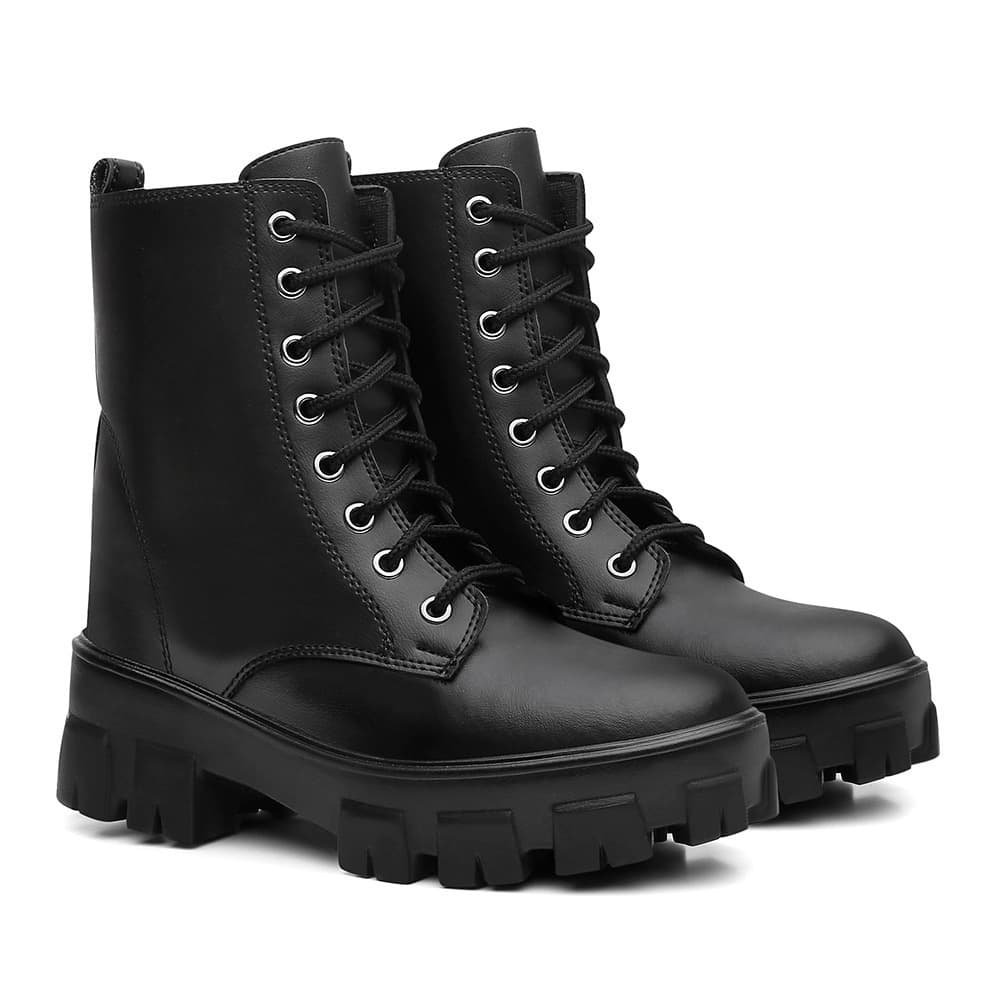 Bota Coturno Feminino Tratorada Militar Cadarço Preta Moda Casual Trabalho Promoção